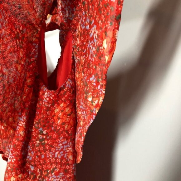 REBECCA Minkoff Jamie Ruffled Cold-shoulder Floral-print Top Red Multi Size XS - Picture 6 of 8